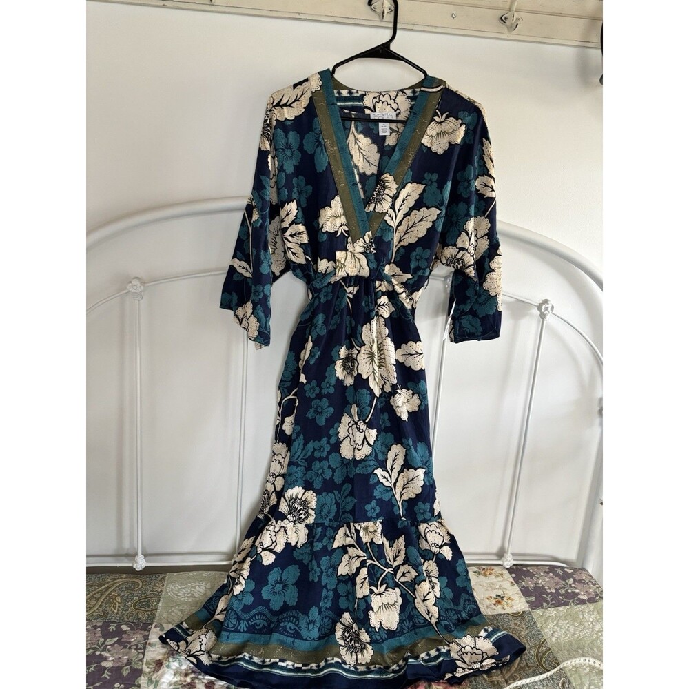 NWT Kimono Dress Medium Floral Long Tie Waist Teal Blue Green Boho Garden Photo